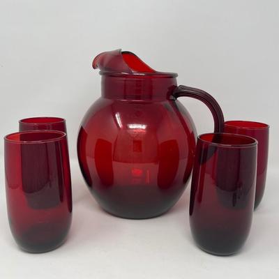 Holiday Red Ruby Pitcher & Four 5” Tumblers