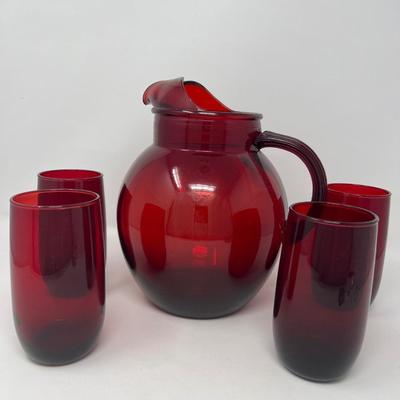Holiday Red Ruby Pitcher & Four 5” Tumblers