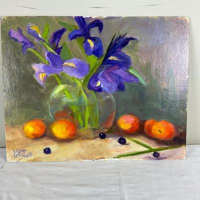 229 Original Oil Painting Purple Iris with Peaches by Kathie Rogers
