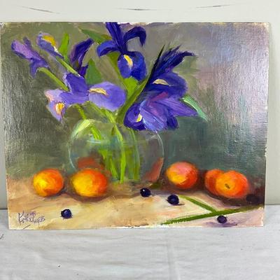 229 Original Oil Painting Purple Iris with Peaches by Kathie Rogers