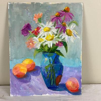 240 Original Oil Painting "Daisies in Vase with Fruit" by Kathie Rogers