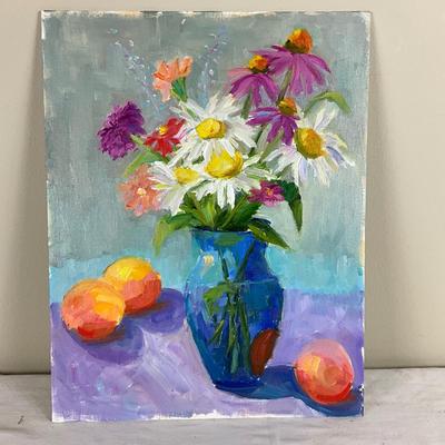 240 Original Oil Painting "Daisies in Vase with Fruit" by Kathie Rogers