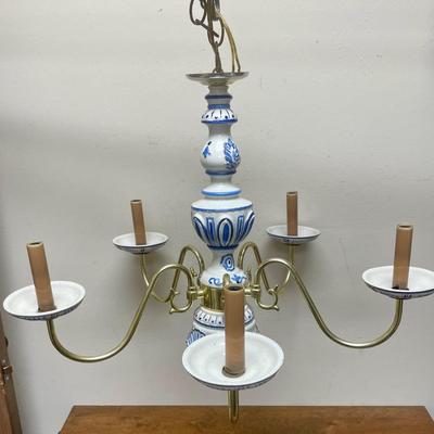 Vintage Antique Italian Porcelain Brass 5 Socket Chandelier