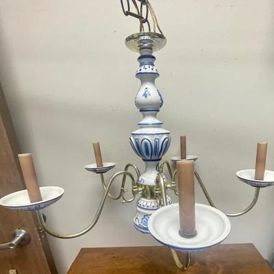 Vintage Antique Italian Porcelain Brass 5 Socket Chandelier