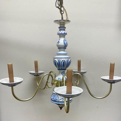 Vintage Antique Italian Porcelain Brass 5 Socket Chandelier