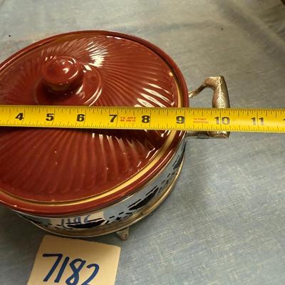 Stoneware casserole with metal stand & lid