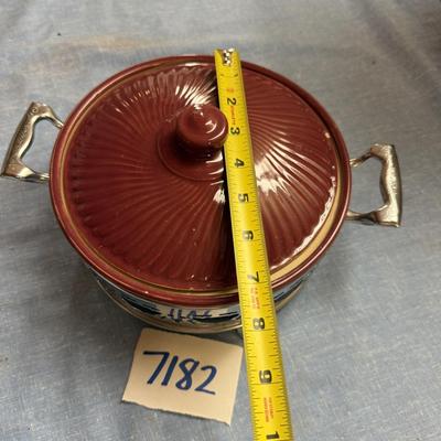 Stoneware casserole with metal stand & lid