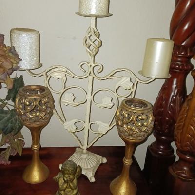 CANDELABRA, PAIR OF GOLD CANDLE HOLDERS, ANGEL AND FAUX FLOWERS