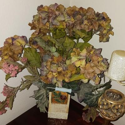 CANDELABRA, PAIR OF GOLD CANDLE HOLDERS, ANGEL AND FAUX FLOWERS