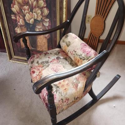 ANTIQUE ROCKING CHAIR AND FRAMED FLORAL TEXTURED PICTURE
