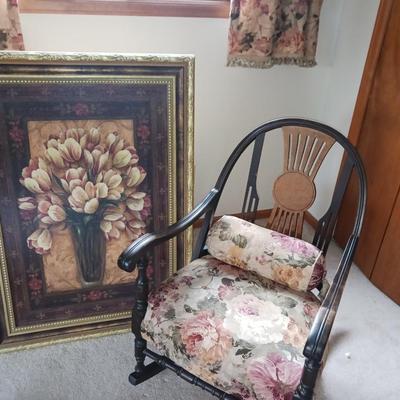ANTIQUE ROCKING CHAIR AND FRAMED FLORAL TEXTURED PICTURE