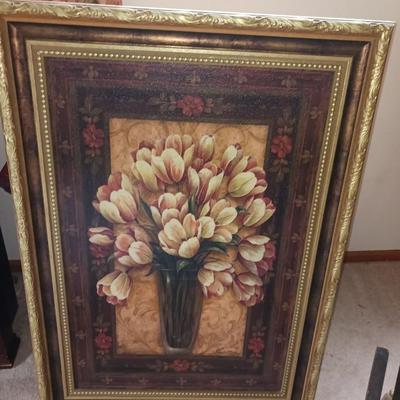 ANTIQUE ROCKING CHAIR AND FRAMED FLORAL TEXTURED PICTURE