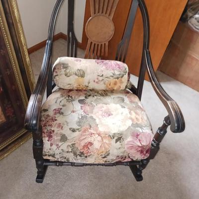 ANTIQUE ROCKING CHAIR AND FRAMED FLORAL TEXTURED PICTURE