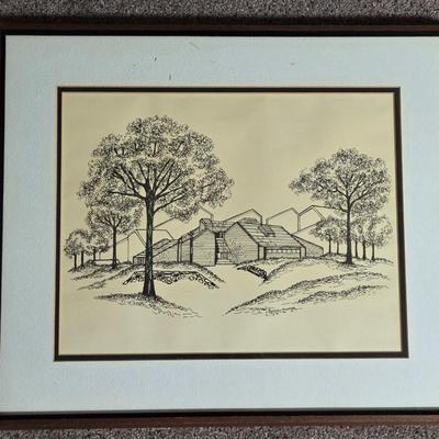 Framed Woodblock of of a Modern Home