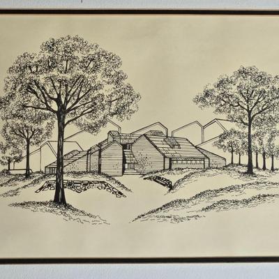 Framed Woodblock of of a Modern Home