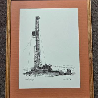 'Drilling Rig' by G.E. Geivett Framed Woodblock