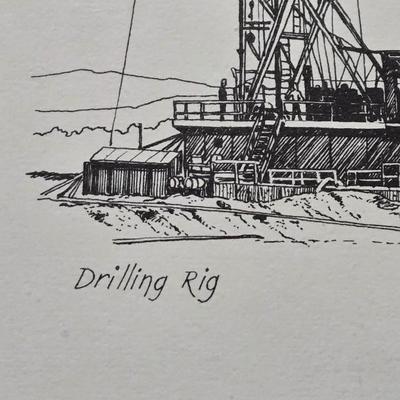 'Drilling Rig' by G.E. Geivett Framed Woodblock