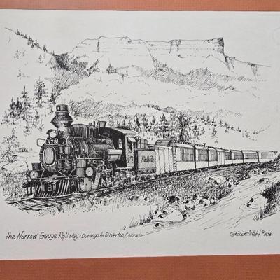 'The Narrow Gauge Railway - Durango to Silverton, Colorado' by G.E. Geivett framed Woodblock