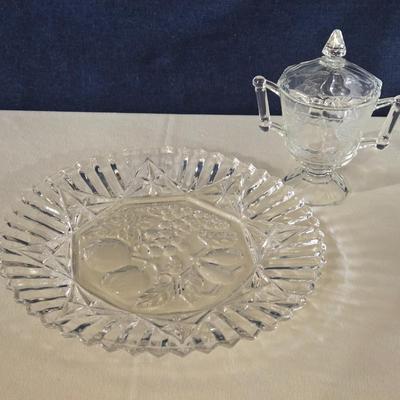 Cut Glass Fruit Design Plate and Pedestal Covered Jar/Dish