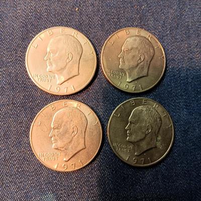 THREE 1971-D & 1 W/NO MINT MARK EISENHOWER DOLLARS