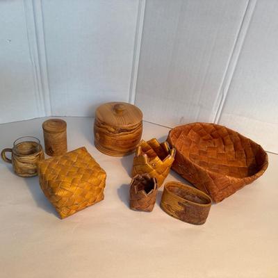 801 Birch Bark Wood Box & Glass Cup with Bark Braided Baskets