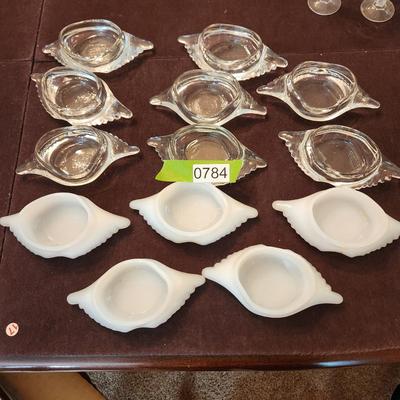 13 Clear & Milk Glass Crab Dishes Mostly Glasbake Deviled Crab