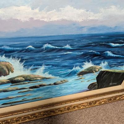 Framed Painted Vera Lang Crashing Waves Art 44" x 33 1/4"