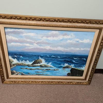 Framed Painted Vera Lang Crashing Waves Art 44" x 33 1/4"