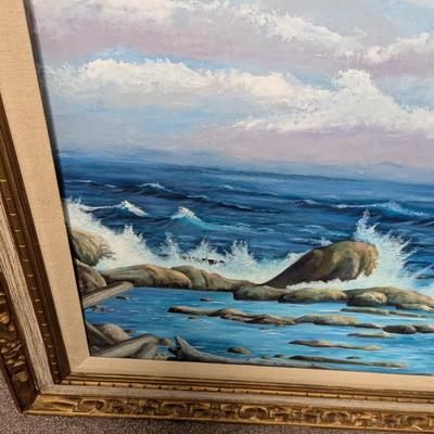 Framed Painted Vera Lang Crashing Waves Art 44" x 33 1/4"