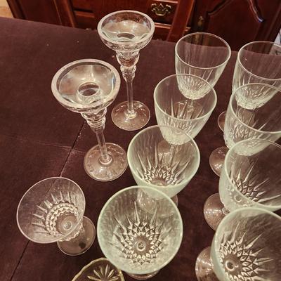 Large Lot of Glassware Wine Glasses, Serving Bowls, Candle Sticks, Stemware