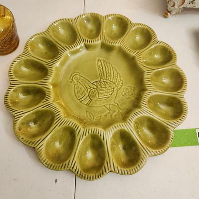 Lot of Collectables Glasses Vases Pyrex Crackle Glass, Devil Egg Platter Hall China Co. Westinghouse Refrigerator