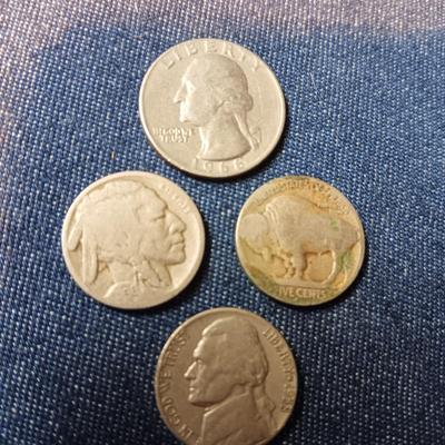 1966 QUARTER, 2 INDIAN HEAD & ONE 1958 NICKELS