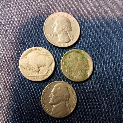 1966 QUARTER, 2 INDIAN HEAD & ONE 1958 NICKELS
