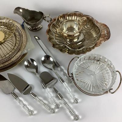 Sale Photo Thumbnail #822: Serving utensils, bowls, trays, gravy , glass in sert 3 sectional dish