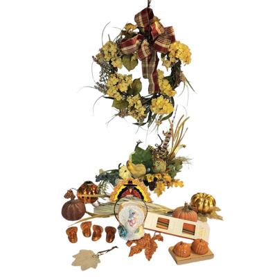 Lot 476 Autumn Wreath with Plaid Ribbon & Other Ornaments Lot