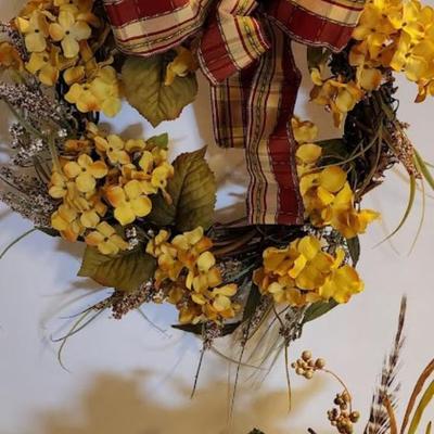 Lot 476 Autumn Wreath with Plaid Ribbon & Other Ornaments Lot