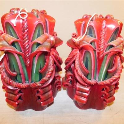 6337/16 Lot of 2 Vintage Carved Candles ~ Red ~ 8"