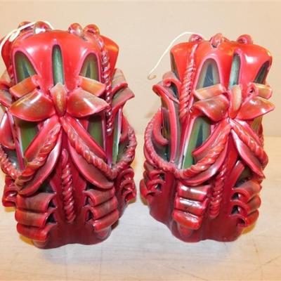 6337/16 Lot of 2 Vintage Carved Candles ~ Red ~ 8"