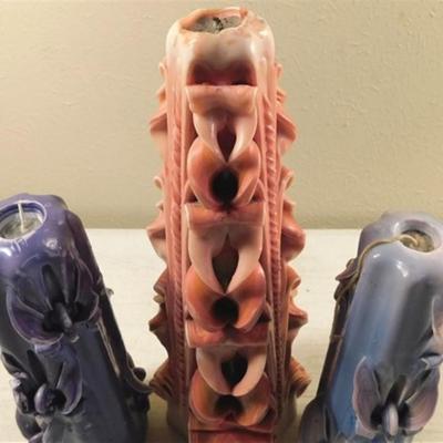 6337/17 Lot of 3 Vintage Carved Candles ~ Blue 9.25 / Peach 13" Has Been Lit / Purple 13"
