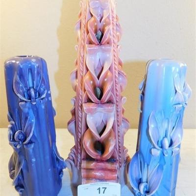 Sale Photo Thumbnail #140: 6337/17 Lot of 3 Vintage Carved Candles ~ Blue 9.25 / Peach 13" Has Been Lit / Purple 13" 