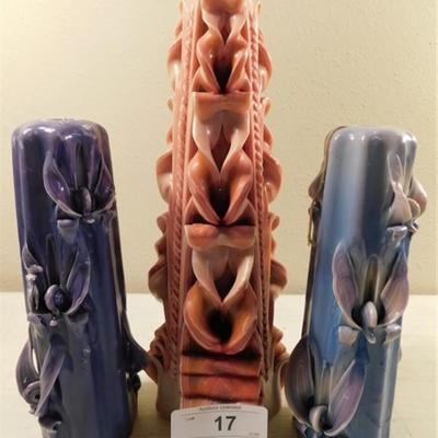 6337/17 Lot of 3 Vintage Carved Candles ~ Blue 9.25 / Peach 13" Has Been Lit / Purple 13"