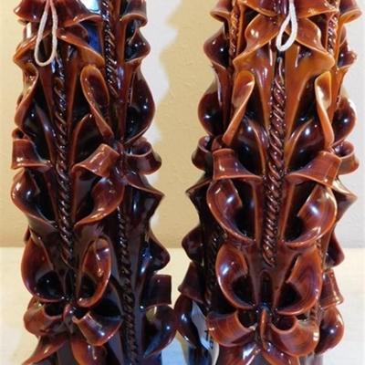 6337/18 Lot of 2 Vintage Carved Candles ~ Rusty Wooden Color 13"