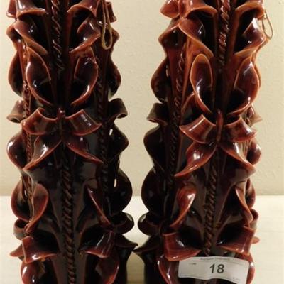 6337/18 Lot of 2 Vintage Carved Candles ~ Rusty Wooden Color 13"