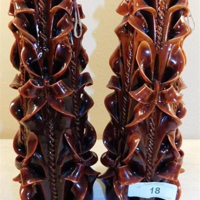 6337/18 Lot of 2 Vintage Carved Candles ~ Rusty Wooden Color 13"
