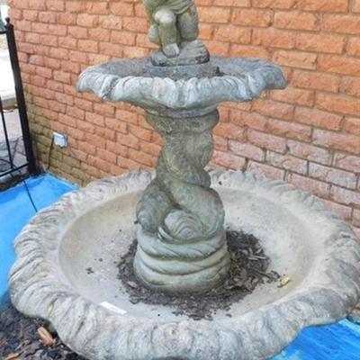 6337/305 Cherub Holding Fish ~ 2 Tier Fountain ~ Crack in Fish Mouth on Top ~ 67" x 35"