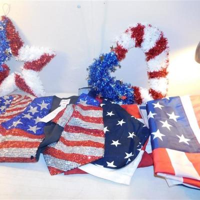 6337/288 Lot of Red White and Blue Decorations ~ Large Redhead Small Spot / Sequin Hat / Extra Large Fashion Vest / Flag 57" x...
