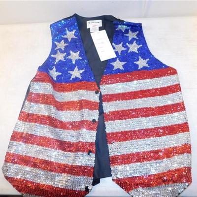 6337/288 Lot of Red White and Blue Decorations ~ Large Redhead Small Spot / Sequin Hat / Extra Large Fashion Vest / Flag 57" x...