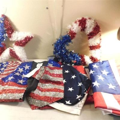 6337/288 Lot of Red White and Blue Decorations ~ Large Redhead Small Spot / Sequin Hat / Extra Large Fashion Vest / Flag 57" x...