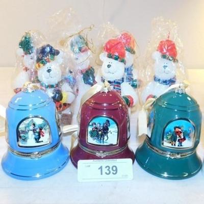 6337/139 Lot of Snowman ~ 6 Snowman Candles / 3 Musical Bells Trinket Boxes Ornaments / 2 Nightlights