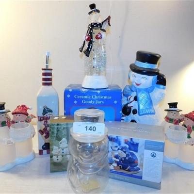 6337/140 Lot of 9 ~ Snowmen / Salt and Pepper / Trinket Box / Goody Jar / Bottle